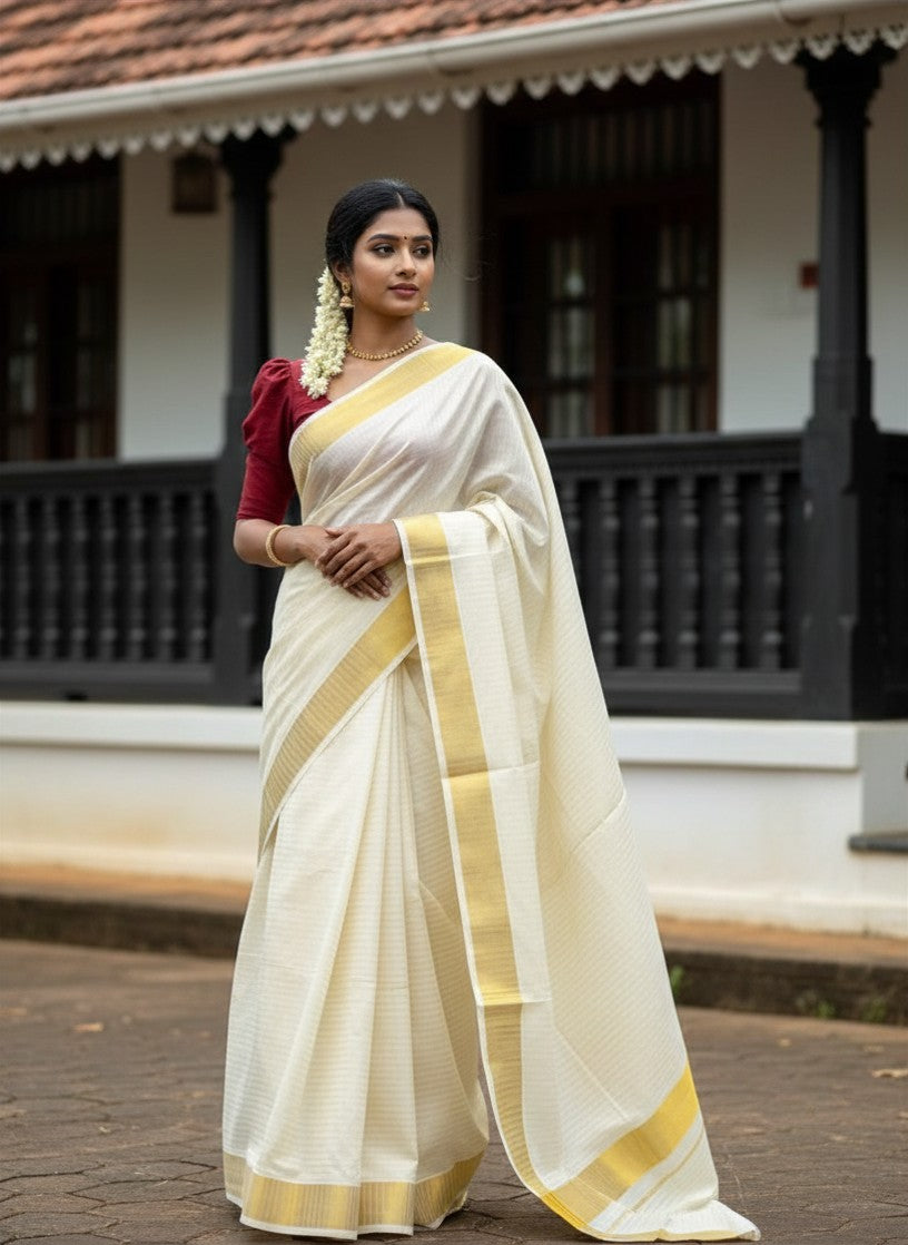 Southloom Pure Cotton Kerala Kasavu Saree with Lines on Body and Kasavu Border