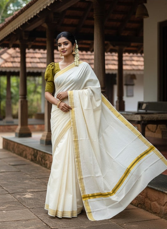 Pure Cotton Kerala Saree with Kasavu and Olive Green Border