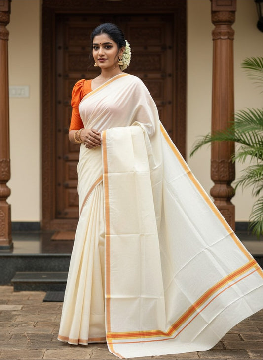 Pure Cotton Kerala Saree with Kasavu and Orange Border