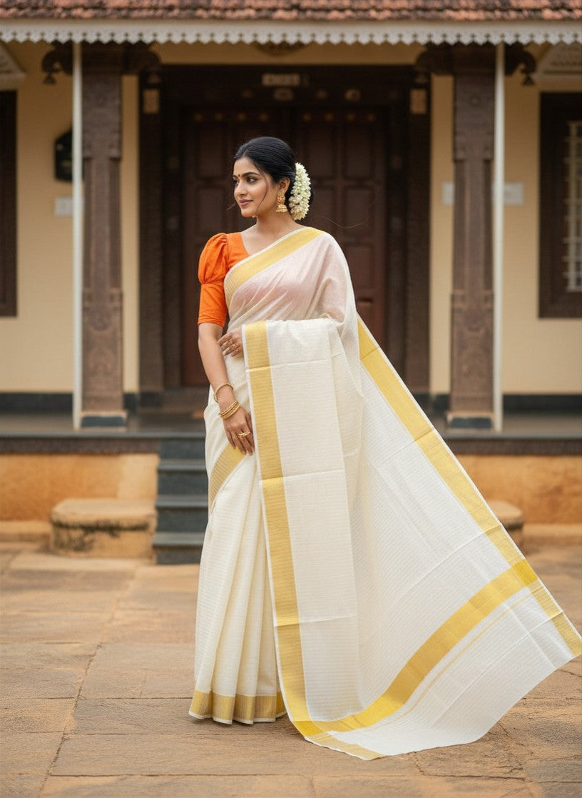 Southloom Pure Cotton Kerala Kasavu Lines Saree with 3 inch Border