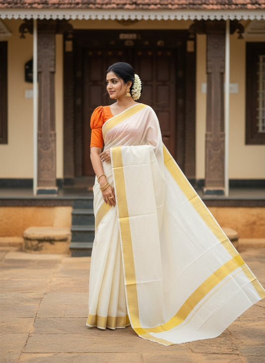 Southloom Pure Cotton Kerala Kasavu Lines Saree with 3 inch Border