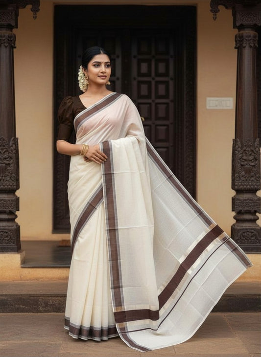 Pure Cotton Kerala Saree with Brown and Silver Kasavu Border