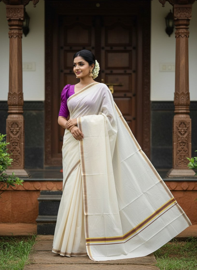 Kerala Pure Cotton Plain Saree with Kasavu and Purple Border