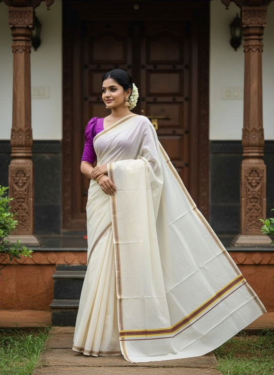 Kerala Pure Cotton Plain Saree with Kasavu and Purple Border