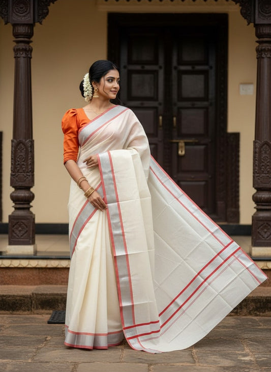 Kerala Pure Cotton Plain Saree with Silver Kasavu and Orange Border