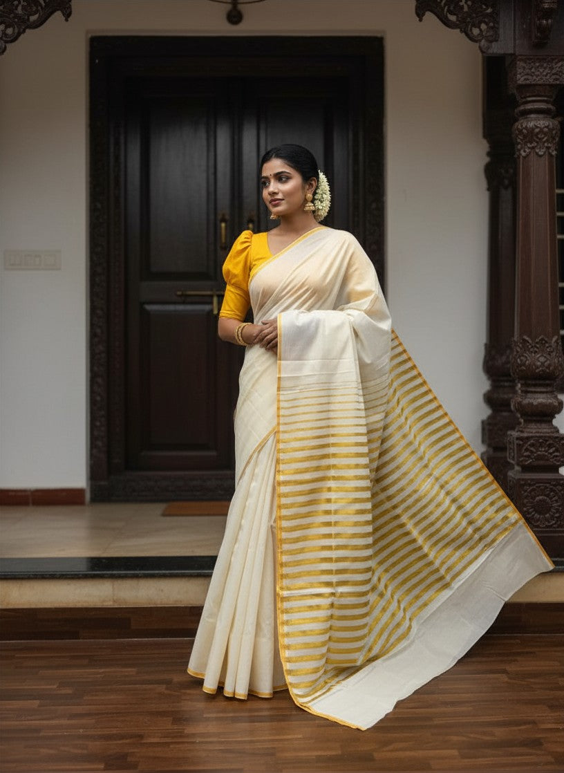 Southloom Puliyilakkara Yellow and Gold Kasavu Kerala Saree with Woven Blouse