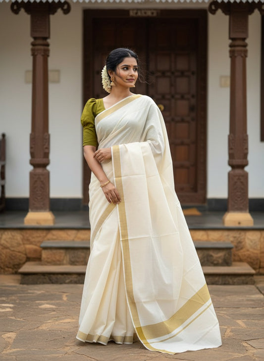Pure Cotton Plain Kerala Saree with Olive Green Border
