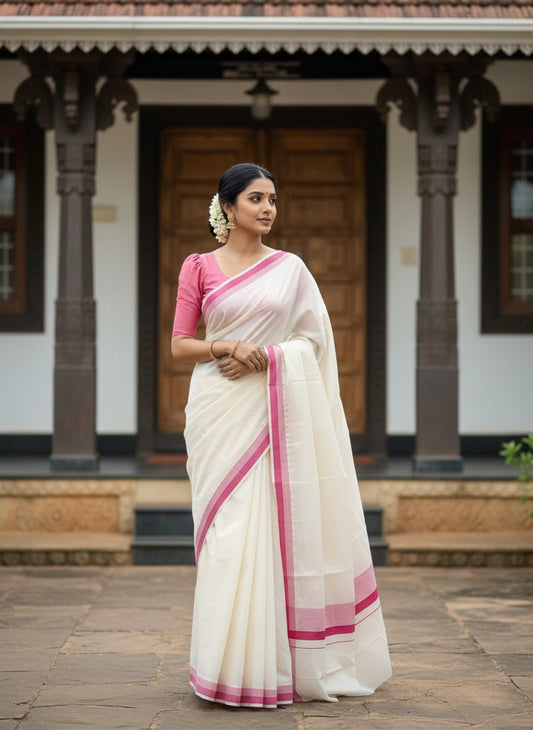 Pure Cotton Off White Kerala Saree with Rose Shaded Border