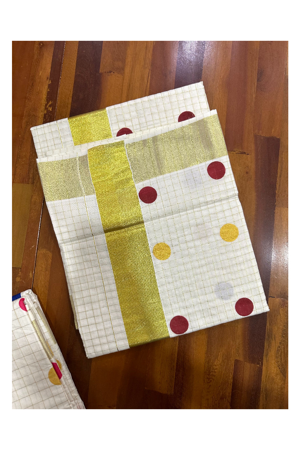 Southloom Micro Check Kasavu Saree with Coloured and Golden Polka Dot Prints Across Body and Print (Onam 2023 Collection)