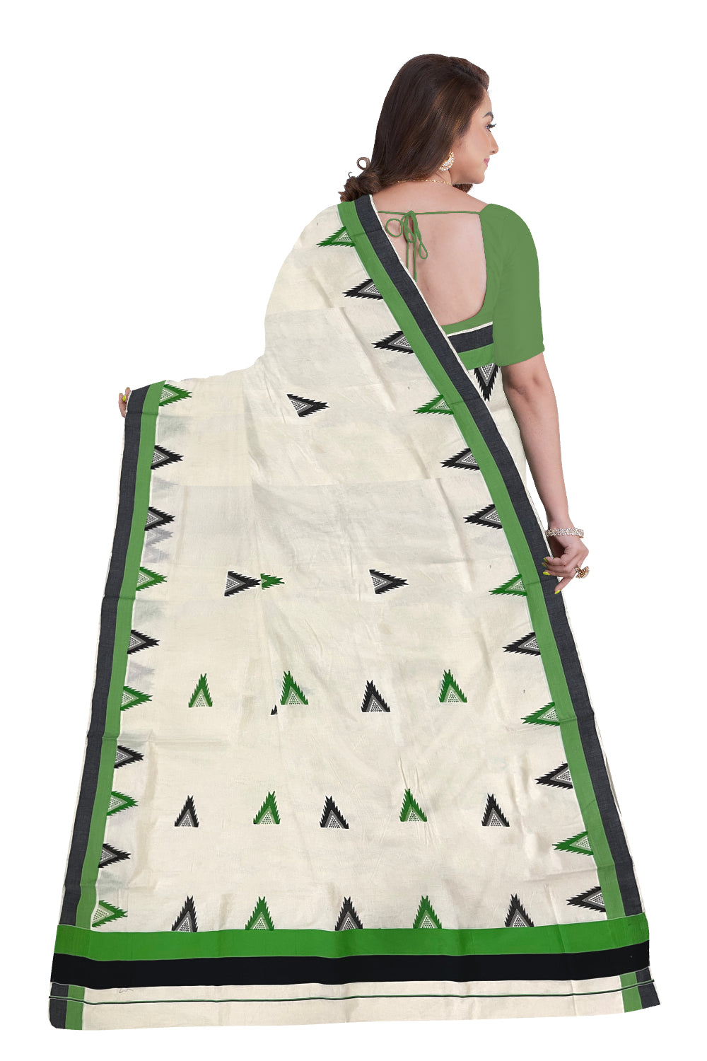 Kerala Cotton Saree with Light Green and Black Temple Block Prints on Border