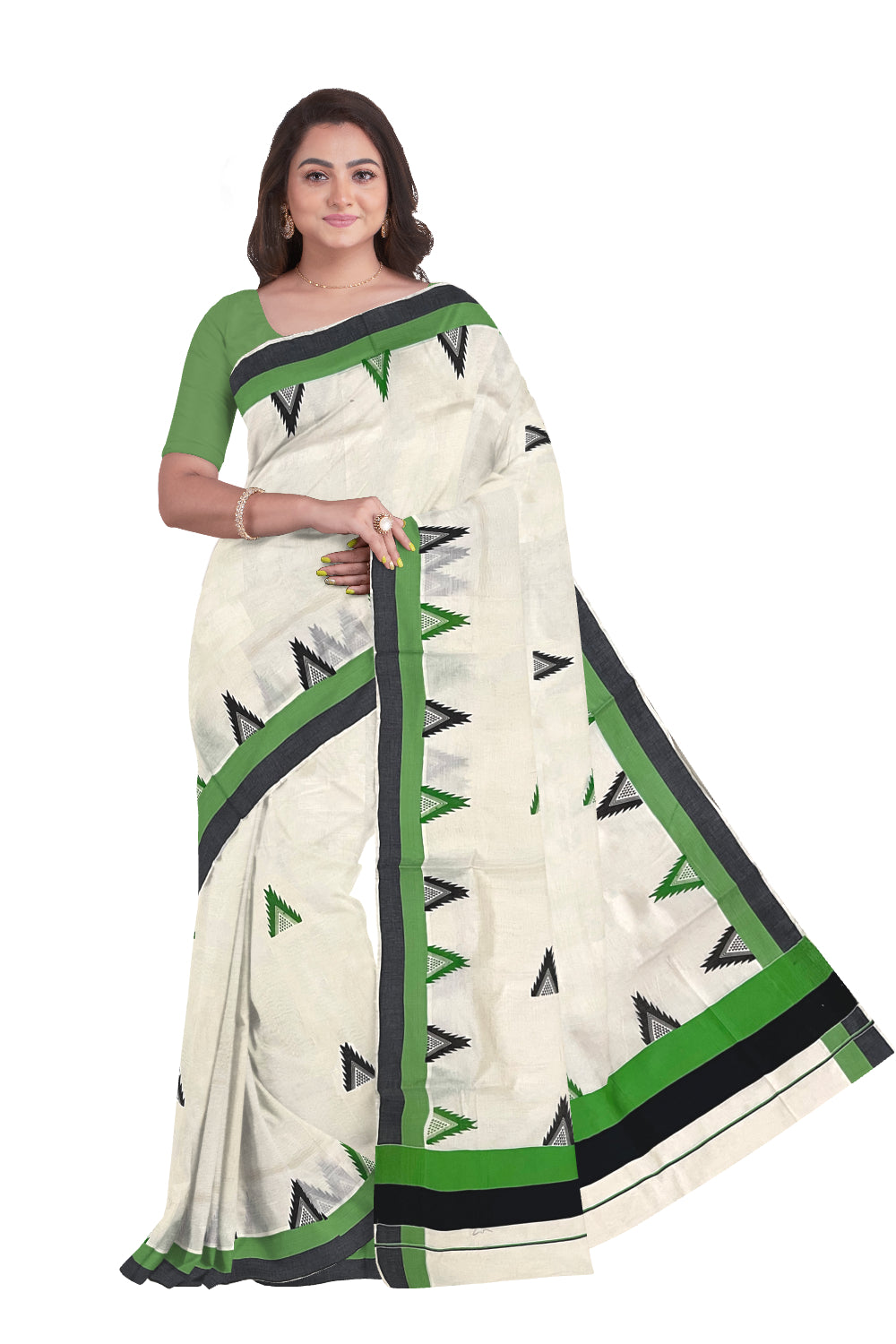 Kerala Cotton Saree with Light Green and Black Temple Block Prints on Border