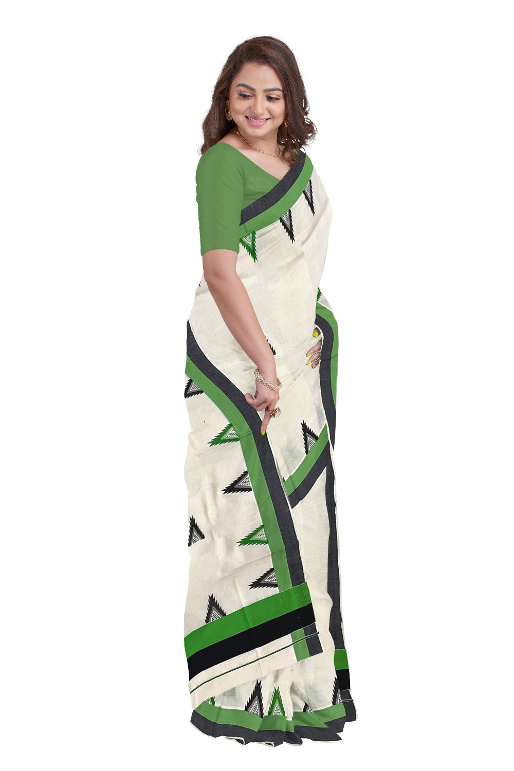 Kerala Cotton Saree with Light Green and Black Temple Block Prints on Border