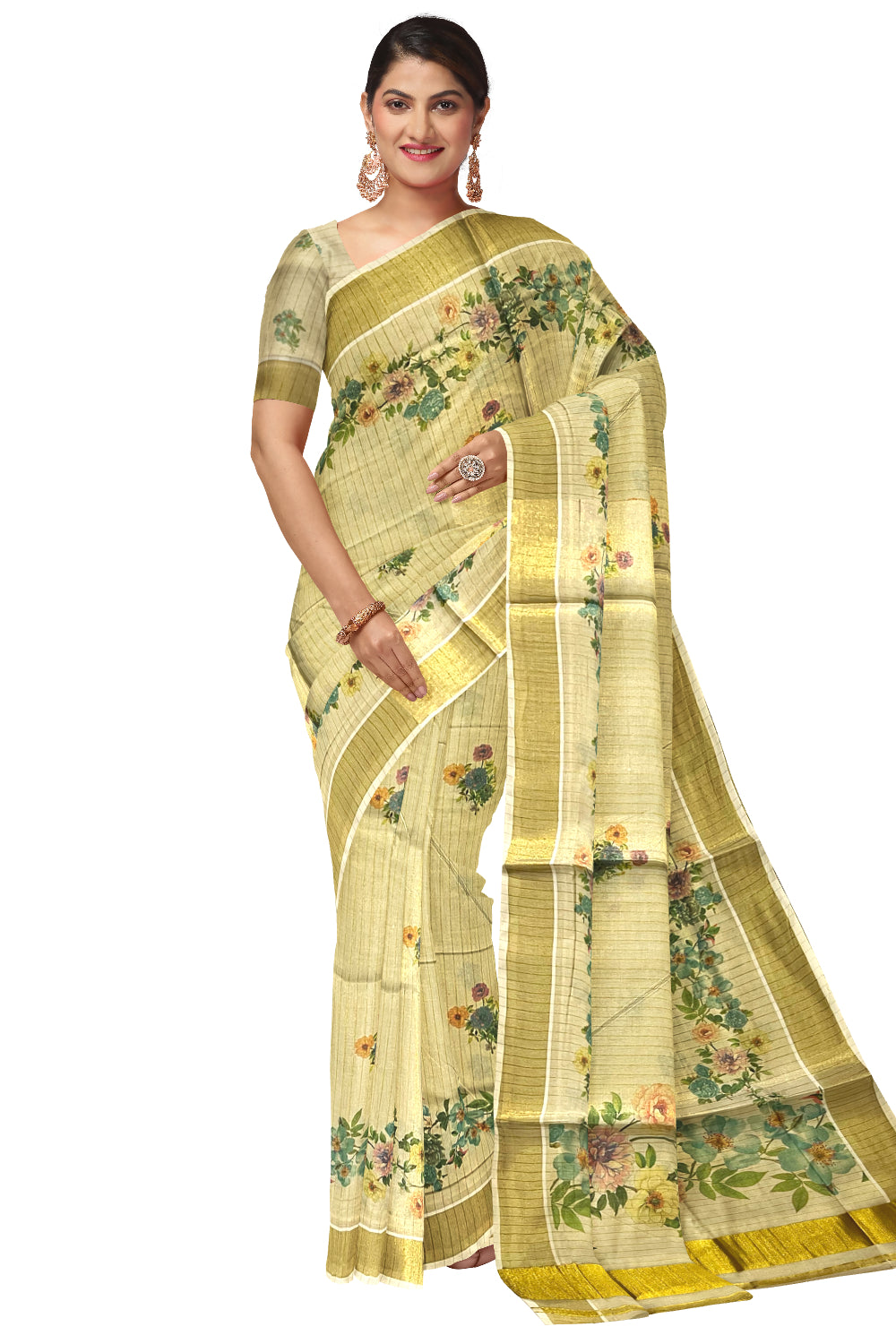 Kerala Tissue Kasavu Lines Design Saree with Floral Mural Prints on Body
