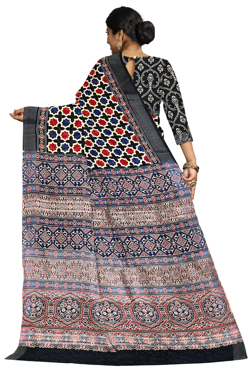 Southloom Linen Red Blue and Black Designer Saree with Prints on Body