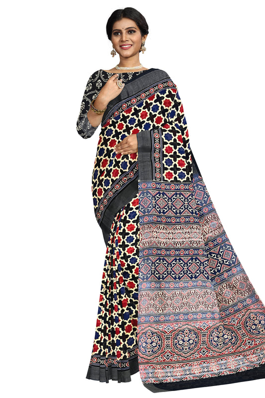 Southloom Linen Red Blue and Black Designer Saree with Prints on Body