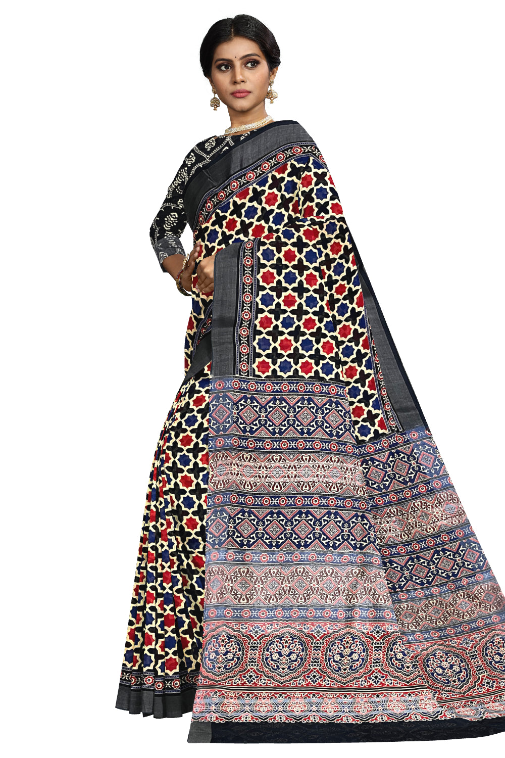 Southloom Linen Red Blue and Black Designer Saree with Prints on Body