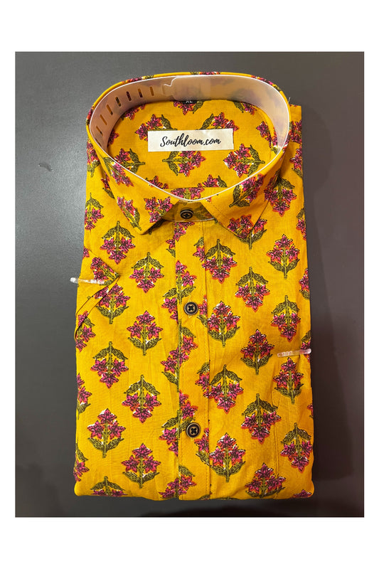 Southloom Jaipur Cotton Orange Hand Block Printed Shirt (Half Sleeves)