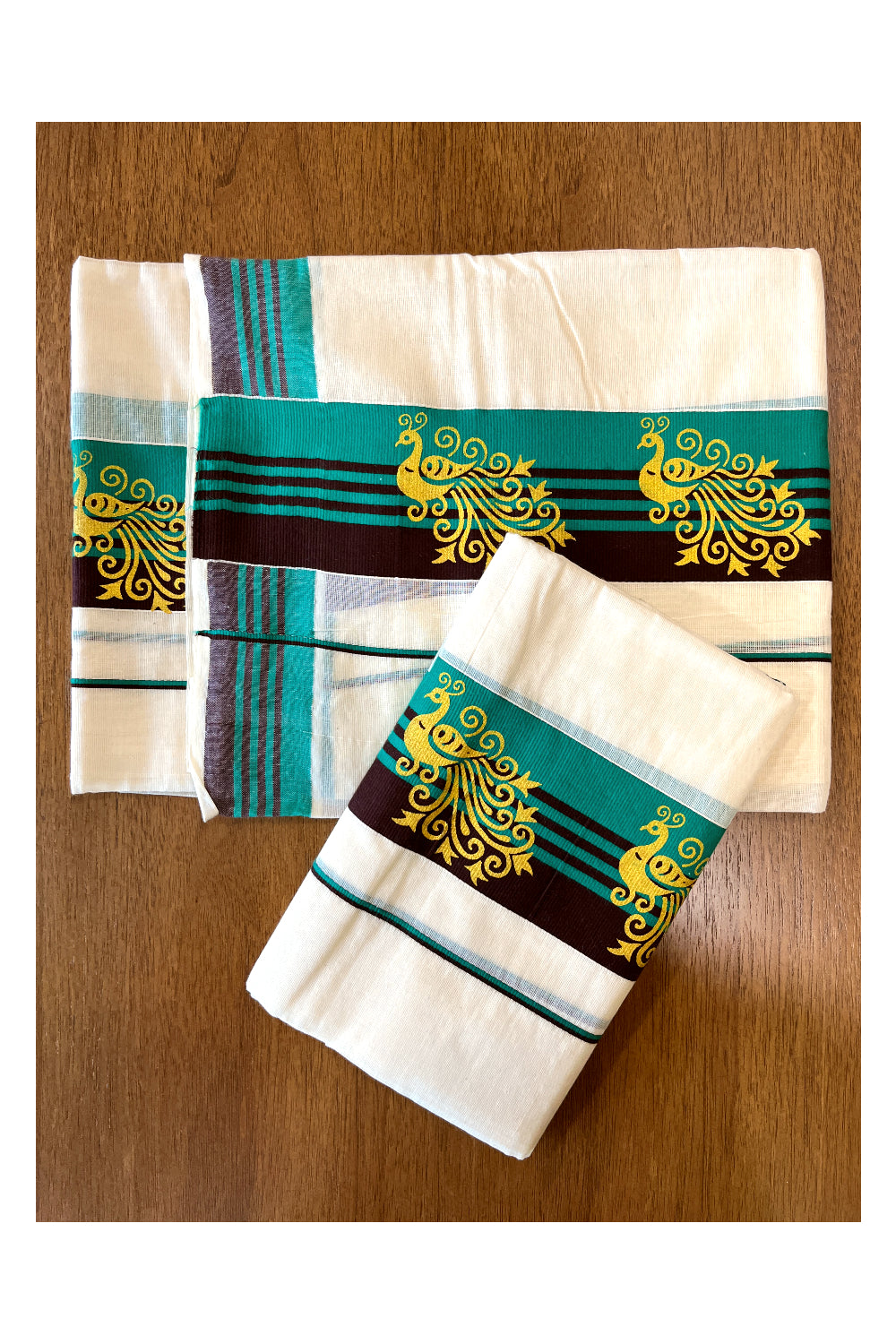 Cotton Single Set Mundu (Mundu Neriyathum) with Peacock Block Prints on Green and Brown Border