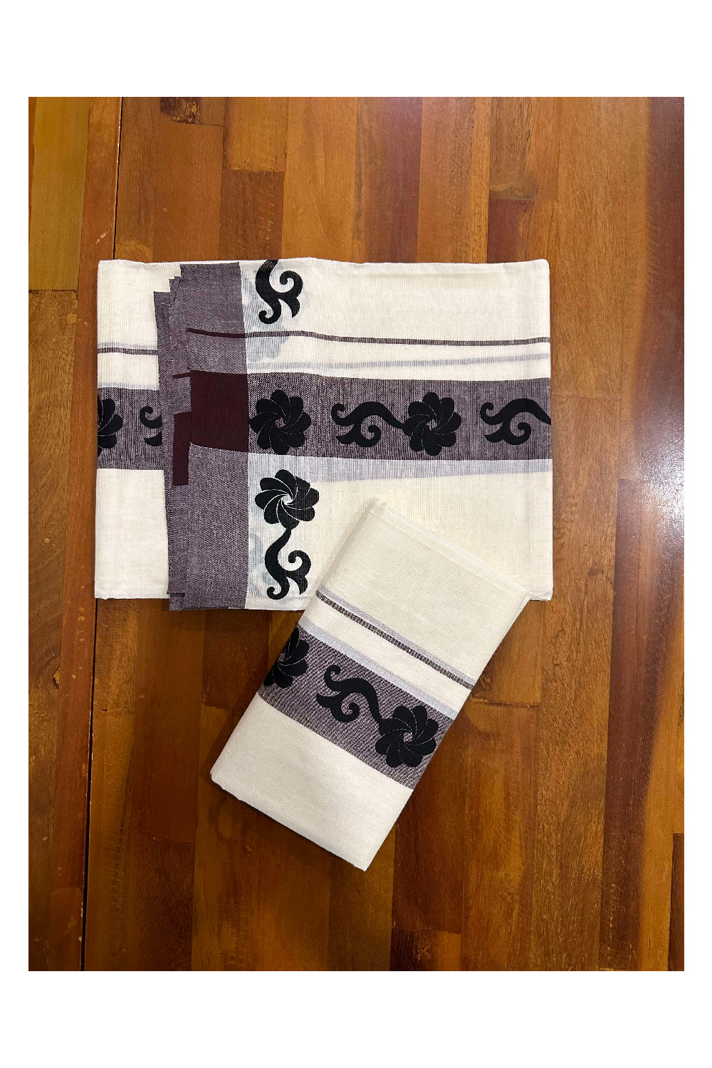 Kerala Cotton Single Set Mundu (Mundum Neriyathum) with Block Prints on Brown Border (Onam set Mundu 2023)