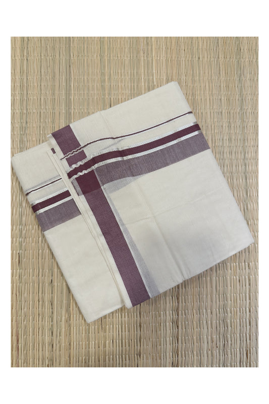 Off White Kerala Double Mundu with Silver Kasavu and Mauve Kara (South Indian Kerala Dhoti)