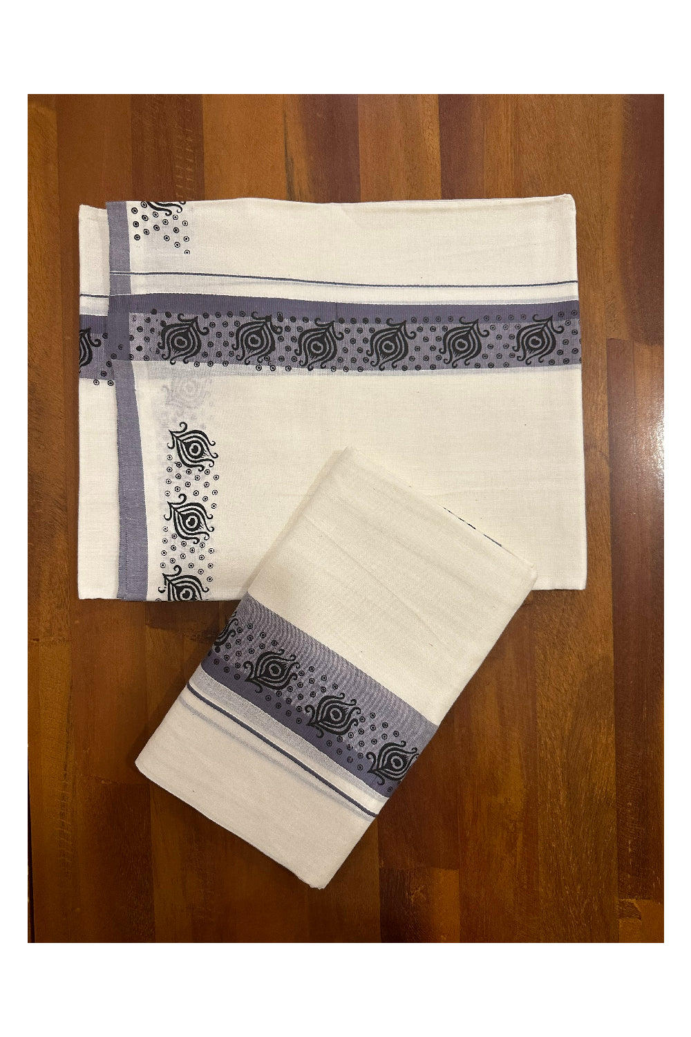 Kerala Cotton Set Mundu (Mundum Neriyathum) with Block Prints on Grey Border (Onam Set Mundu 2023)