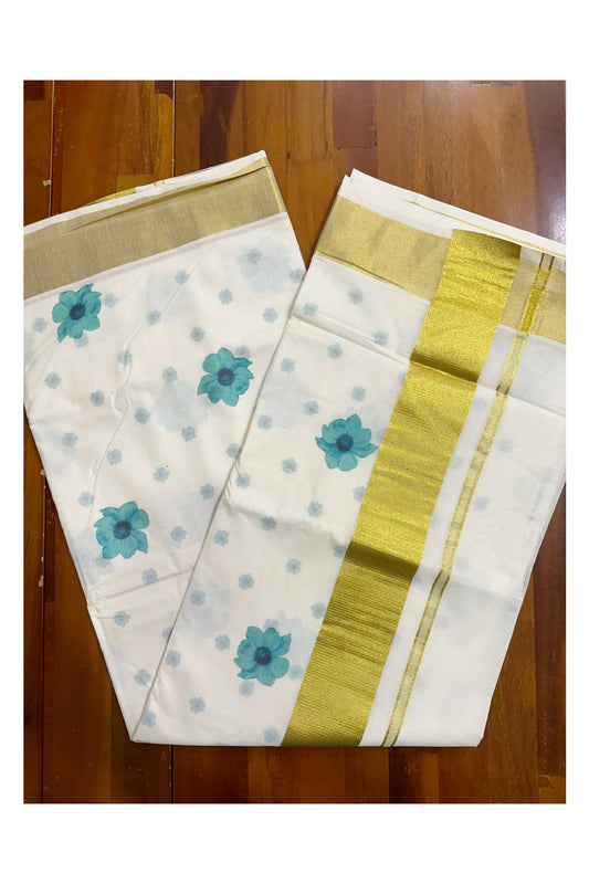 Southloom Exclusive Onam Kasavu Saree with Small Turquoise Floral High Quality Digital Print Across Body (Matching Printed Blouse Included)