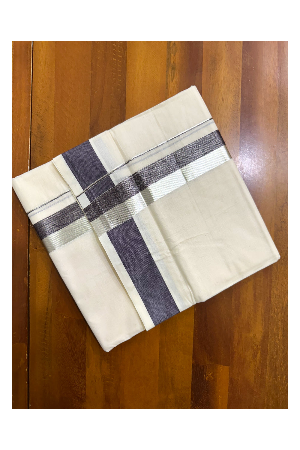 Kerala Pure Cotton Off White Double Mundu with Silver Kasavu And Violet Kara (South Indian Kerala Dhoti)