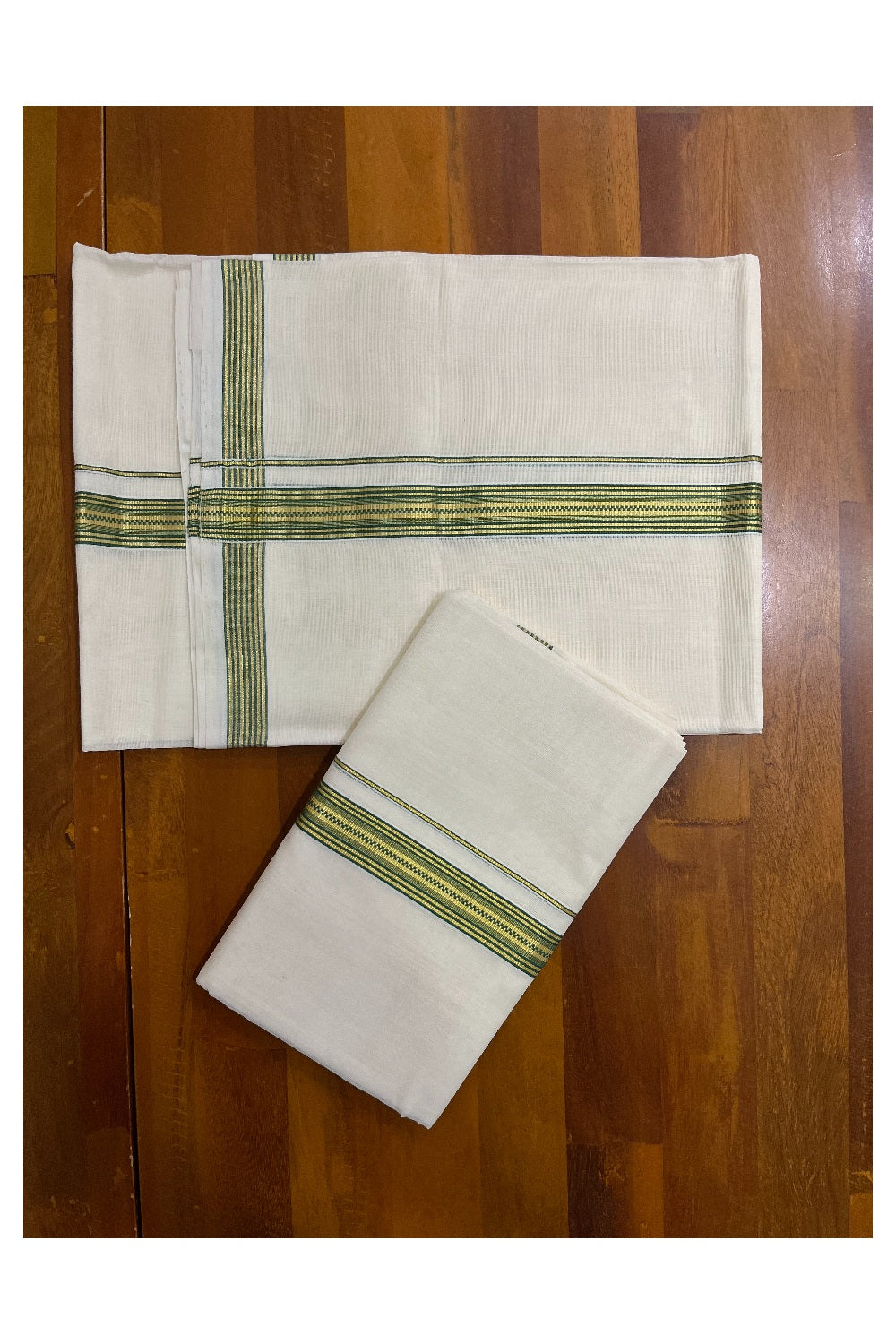 Southloom Premium Handloom Set Mundu with Kasavu and Green Border (Vishu 2024 Collection)