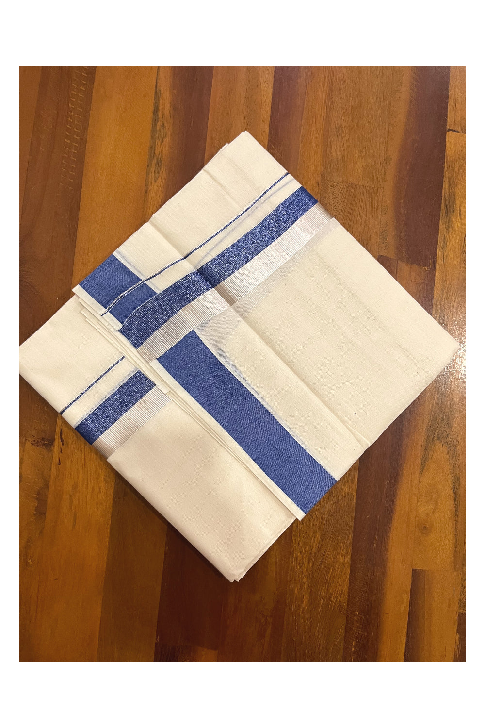 Kerala Cotton Double Mundu with Blue and Silver Kasavu Border (Onam Mundu 2023)