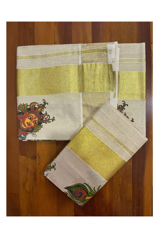 Kerala Tissue Kasavu Set Mundu (Mundum Neriyathum) with Krishna Mural Printed Design (Onam Set Mundu 2023)
