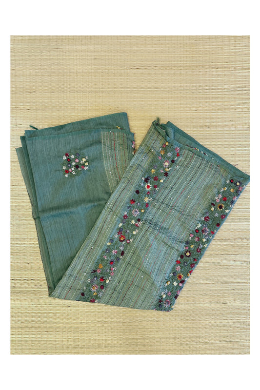 Southloom Green Linen Saree with Floral Hand Embroidered works