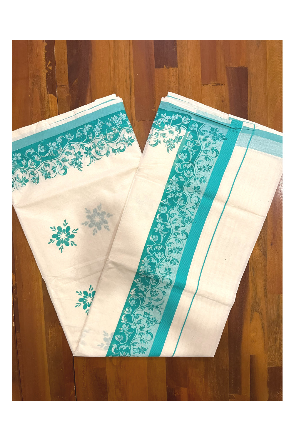 Kerala Cotton Saree with Turquoise Floral Block Prints on Border (Onam Saree 2023)