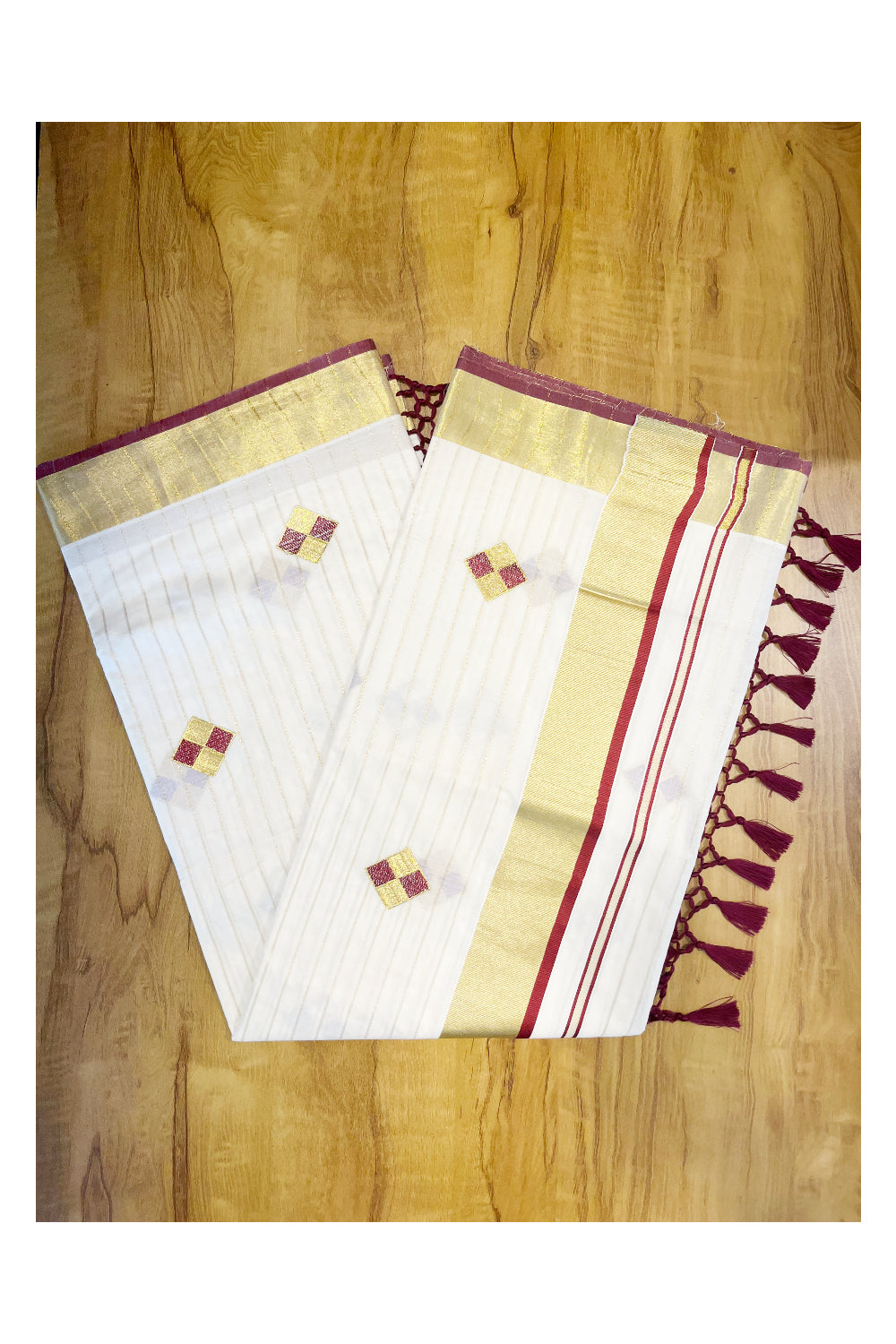 Kerala Cotton Kasavu Lines Saree with Maroon and Golden Diagonal Embroidery Work