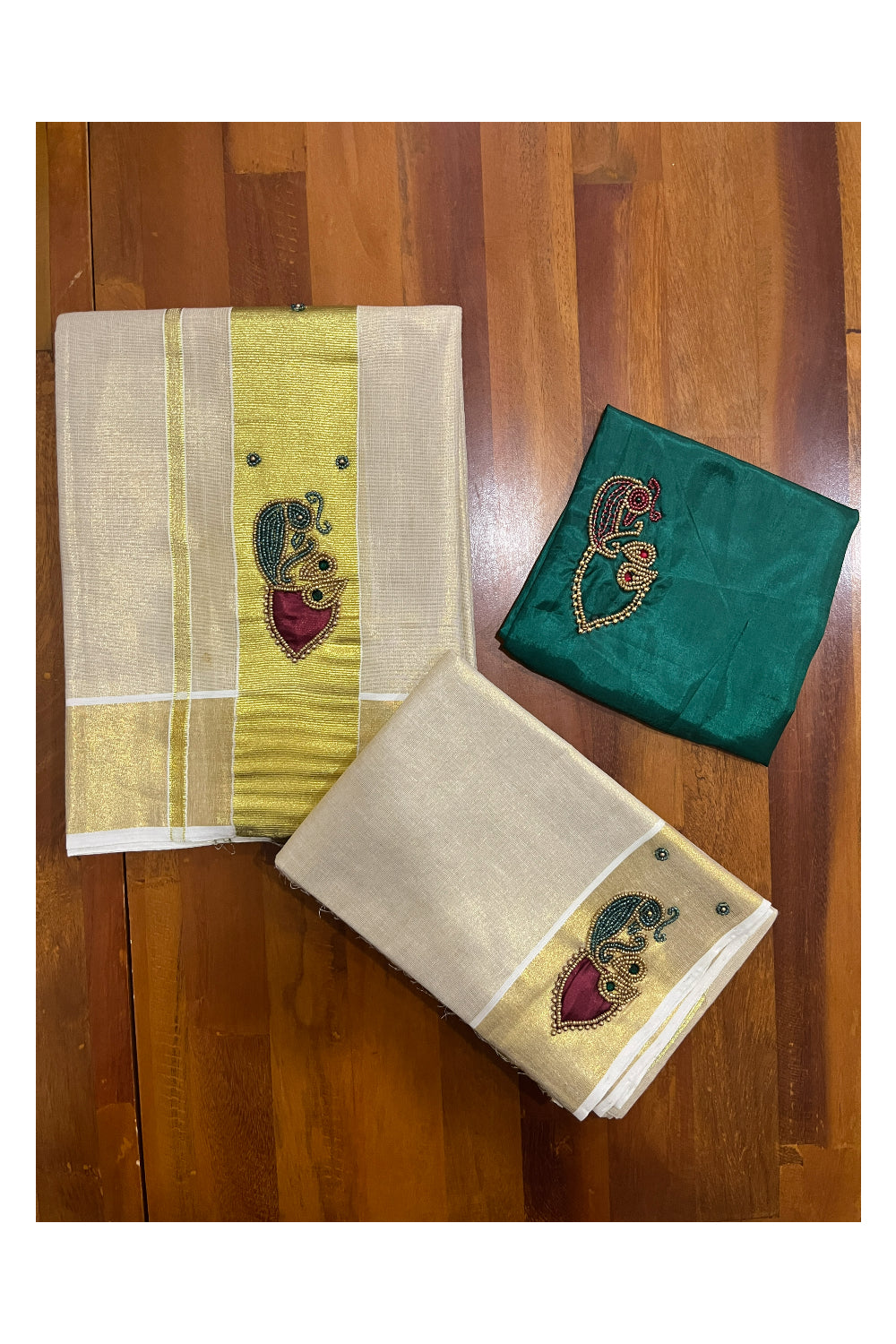 Kerala Tissue Kasavu Set Mundu (Mundum Neriyathum) with Bead Handwork Design and Dark Green Blouse Piece