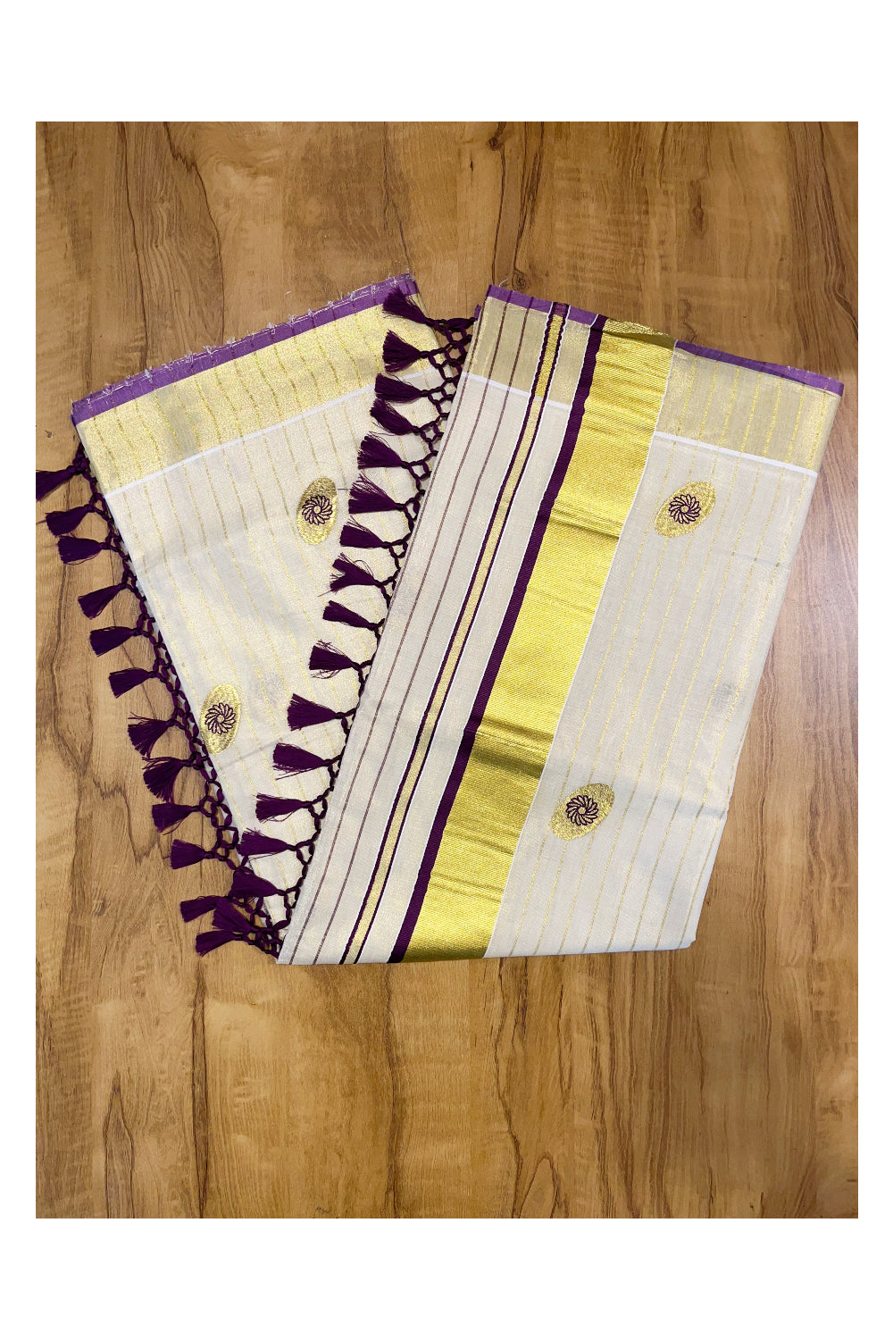 Southlooom Kerala Tissue Kasavu Lines Violet Colour Saree with Heavy Woven Designs