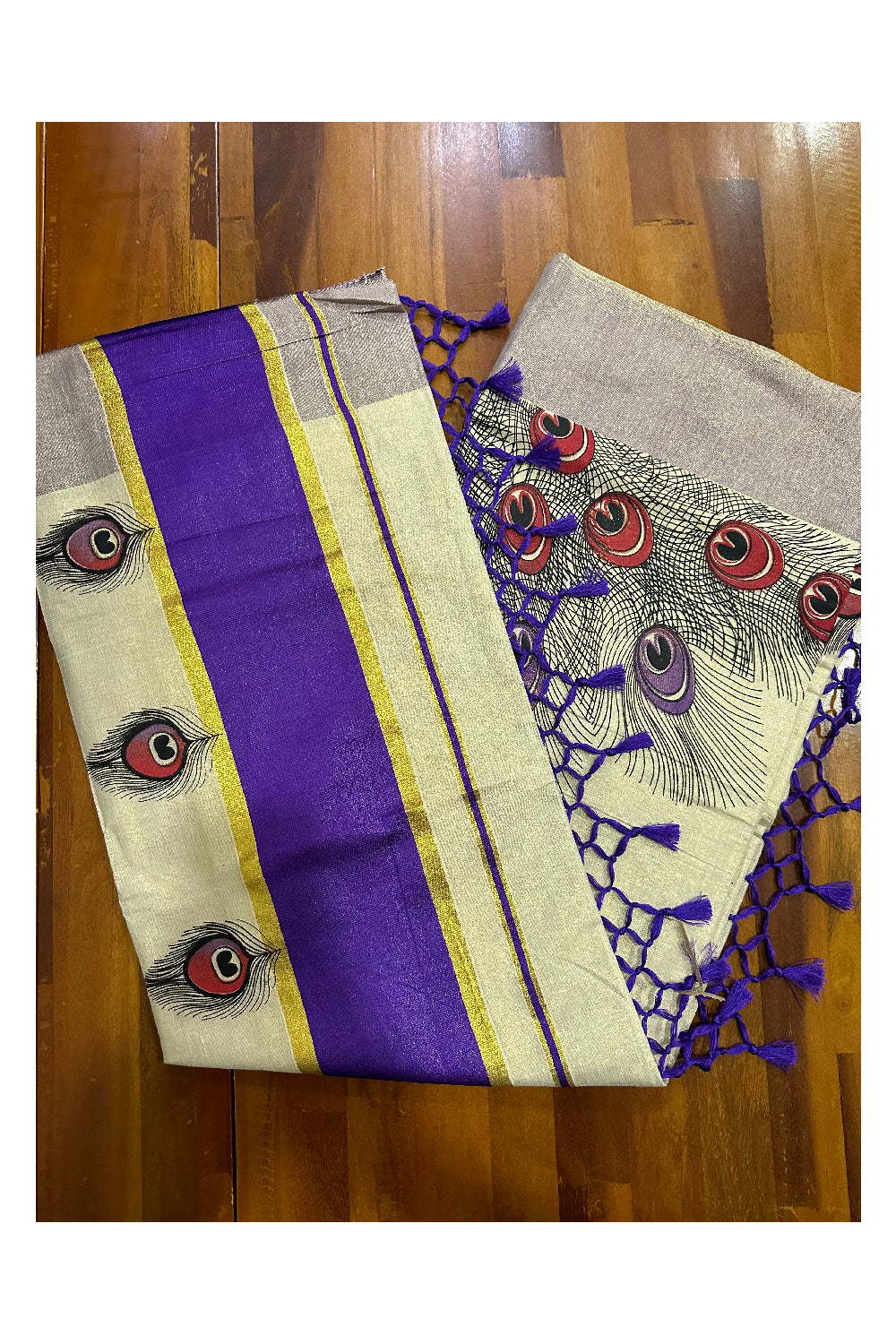 Kerala Tissue Kasavu Saree with Feather Block Prints and Violet Border (Onam Saree 2023)