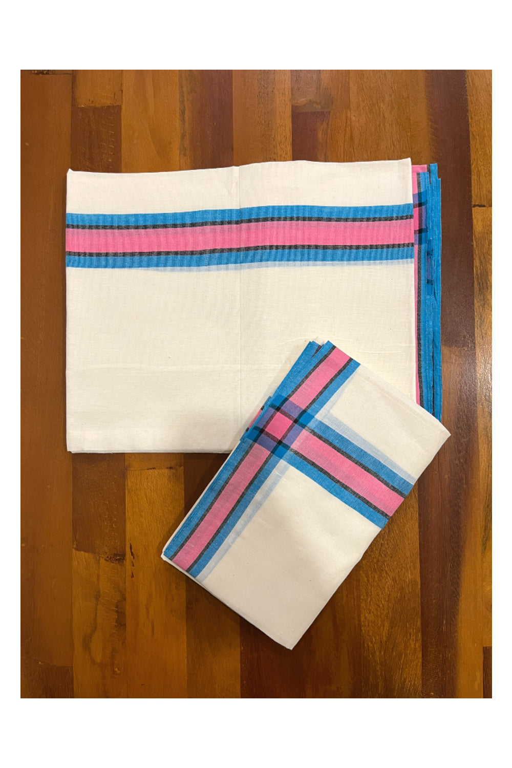 Kerala Cotton Mulloth Single Set Mundu (Mundum Neriyathum) with Blue and Pink Border (Extra Soft Cotton) 2.75 Mtrs