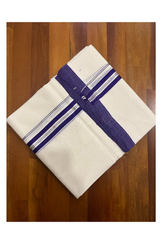 Southloom Premium Balaramapuram Unakkupaavu Handloom Mundu with Violet and Silver Kasavu Border (South Indian Kerala Dhoti)