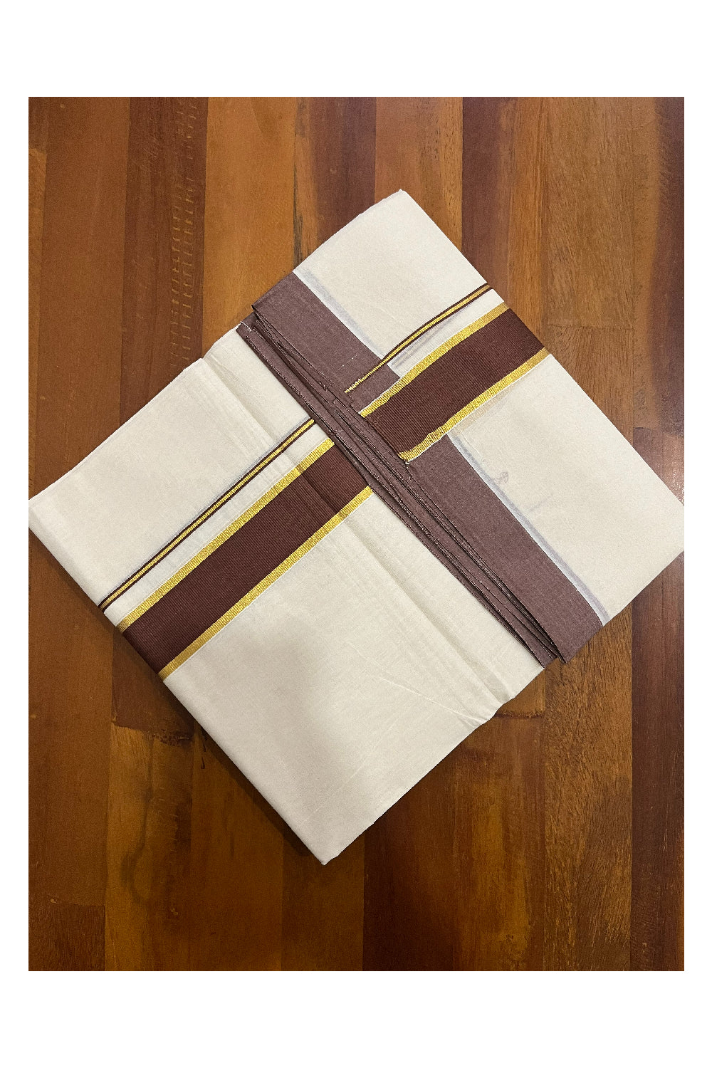 Pure Cotton 100x100 Double Mundu with Kasavu and Brown Kara (Onam Mundu 2023)