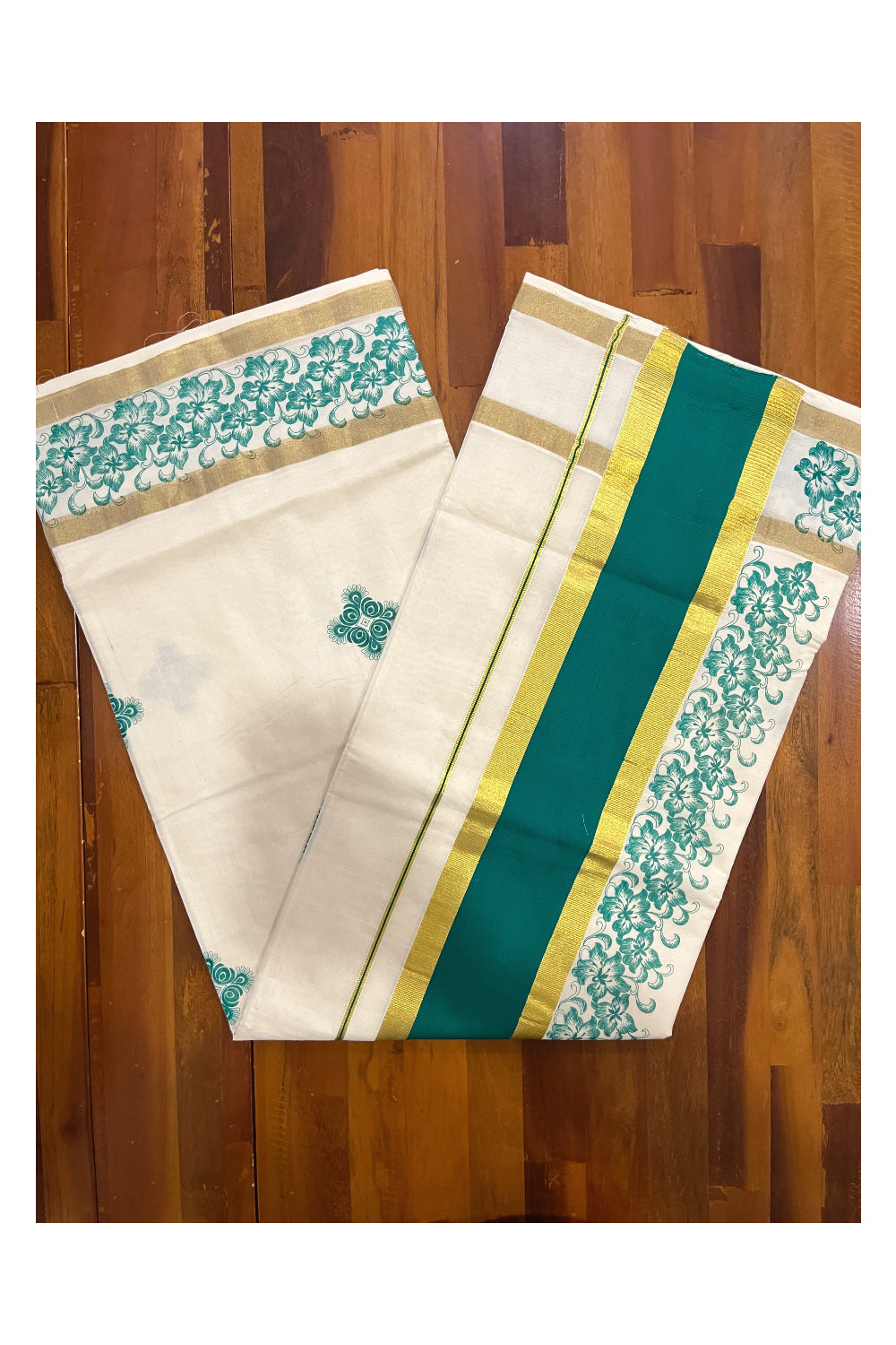 Pure Cotton Kerala Saree with Green Floral Block Printed Kasavu Border