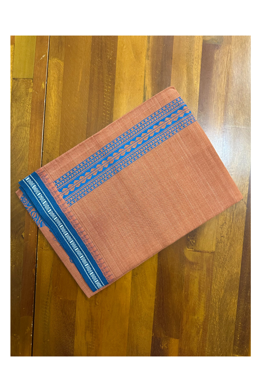 Southloom Saffron (Kaavi) Blue Printed Single Mundu / Lungi (South Indian Kerala Dhoti)