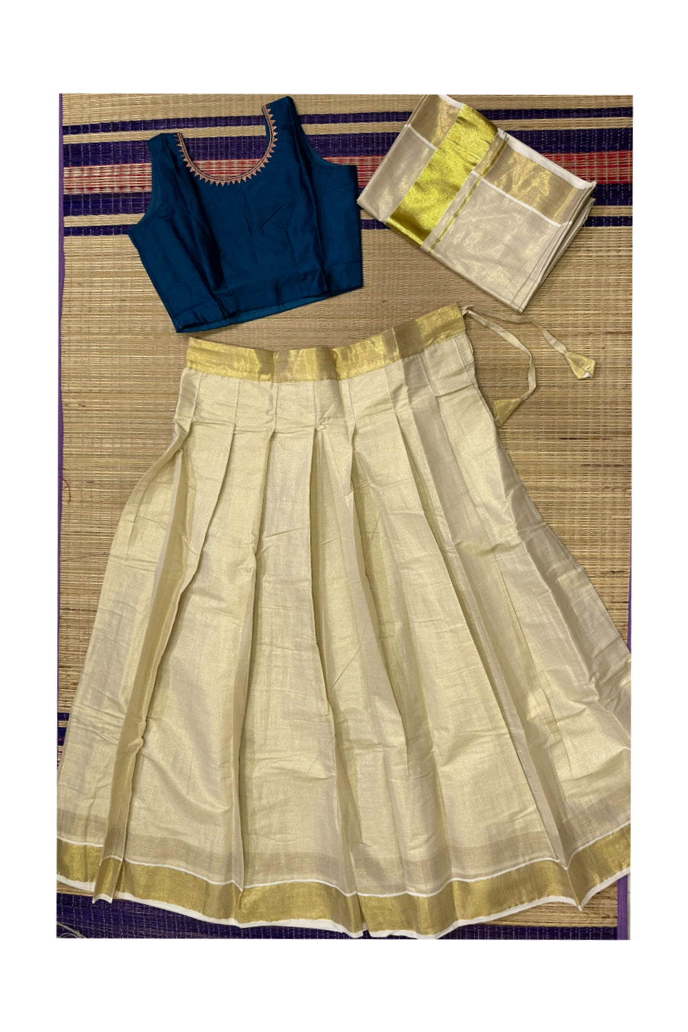 Stitched Dhavani Set with Tissue Pavada and Blue Readymade Blouse