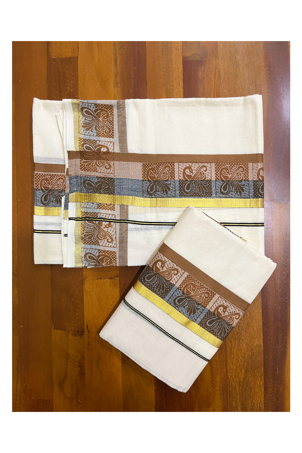 Kerala Cotton Kasavu Single Set Mundu (Mundum Neriyathum) with Blue and Brown Kara and Block Prints