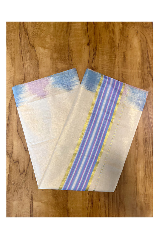 Southloom Kerala Tissue Kasavu Saree with Blue and Cream Pochampally Design on Borders and Kara