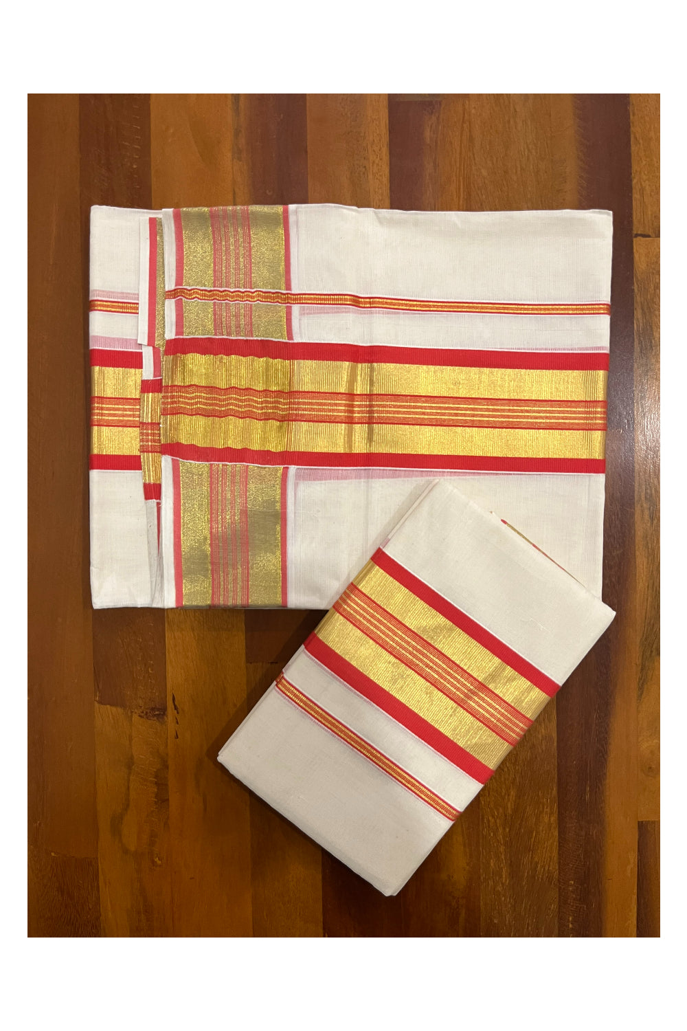 Pure Cotton Kerala Onam 2023 Set Mundu (Mundum Neriyathum) Single with Orange and Kasavu Border 2.80 Mtrs