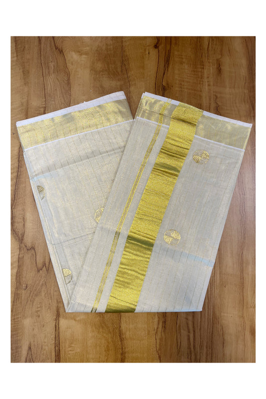 Kerala Tissue Kasavu Lines Saree with Golden Polka works across the Body