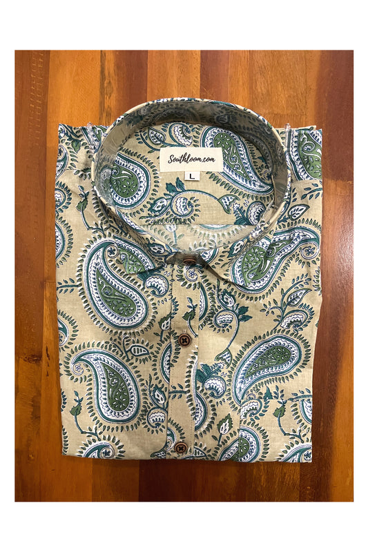 Southloom Jaipur Cotton Grey Shirt with Green Paisley Hand Block Printed Design (Full Sleeves)