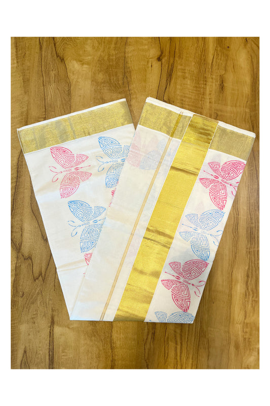 Southloom Cotton Kerala Kasavu Saree with Pink And Blue Butterfly Block Prints On Border