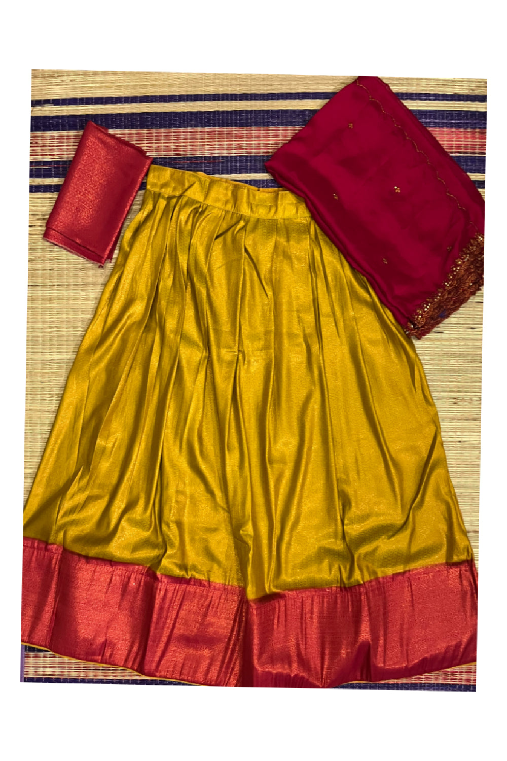 Semi Stitched Premium Semi SIlk Golden Yellow Dhavani Set with Red Neriyathu and Blouse Piece