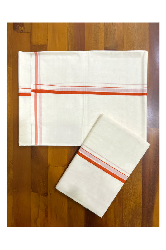 Kerala Cotton Puliyilakkara Single Set Mundu (Mundum Neriyathum) with 0.5 inch Orange Border 2.80Mtrs